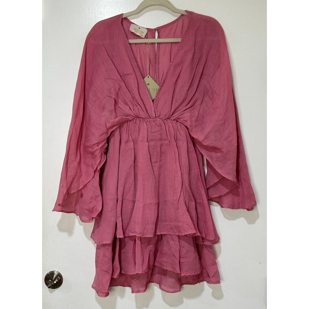 August Tiered Ruffled Dress Rosy Pink Ramie Size M/L NWT Vacation Made In Greece